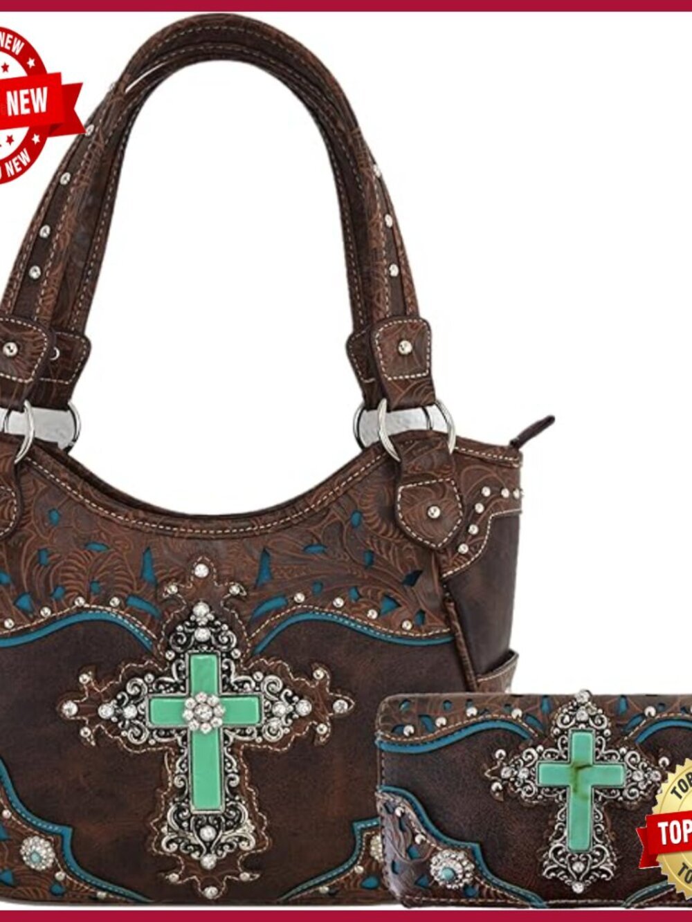 Western Tooled Leather Handbag Wallet Set Rhinestone Cross Studded Shoulder Bag